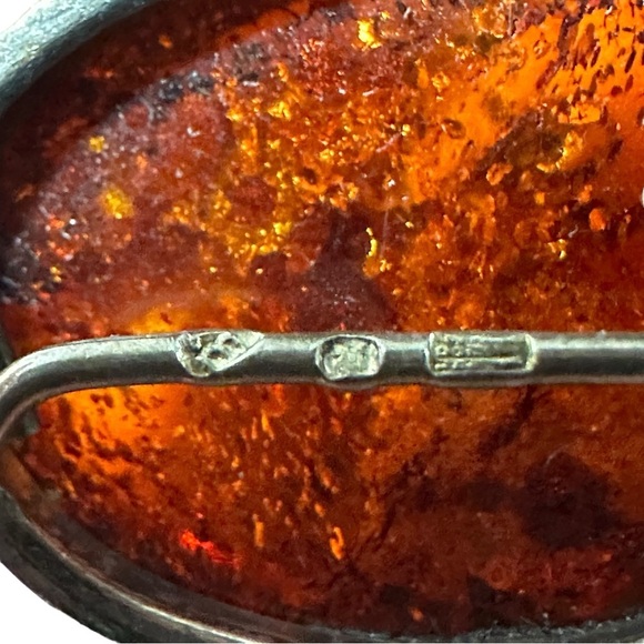 Vtg Signed M 925 Sterling Silver Natural Amber Cabochon Floral Brooch Pin 2” 13g - Picture 10 of 16